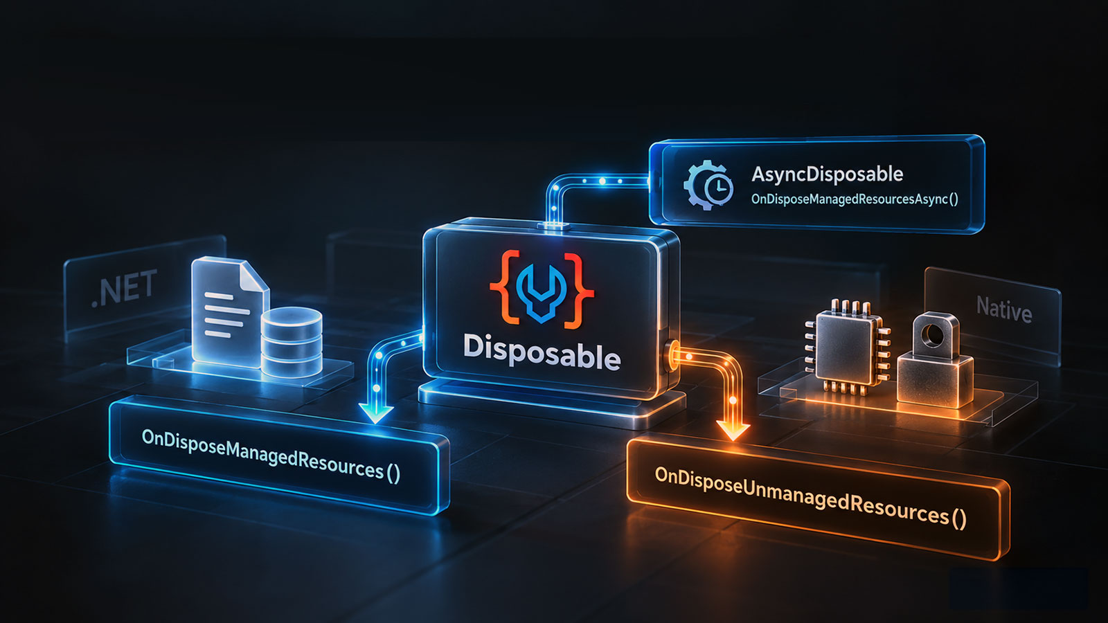 Separate managed and unmanaged resource cleanup paths controlled by one disposal lifecycle.