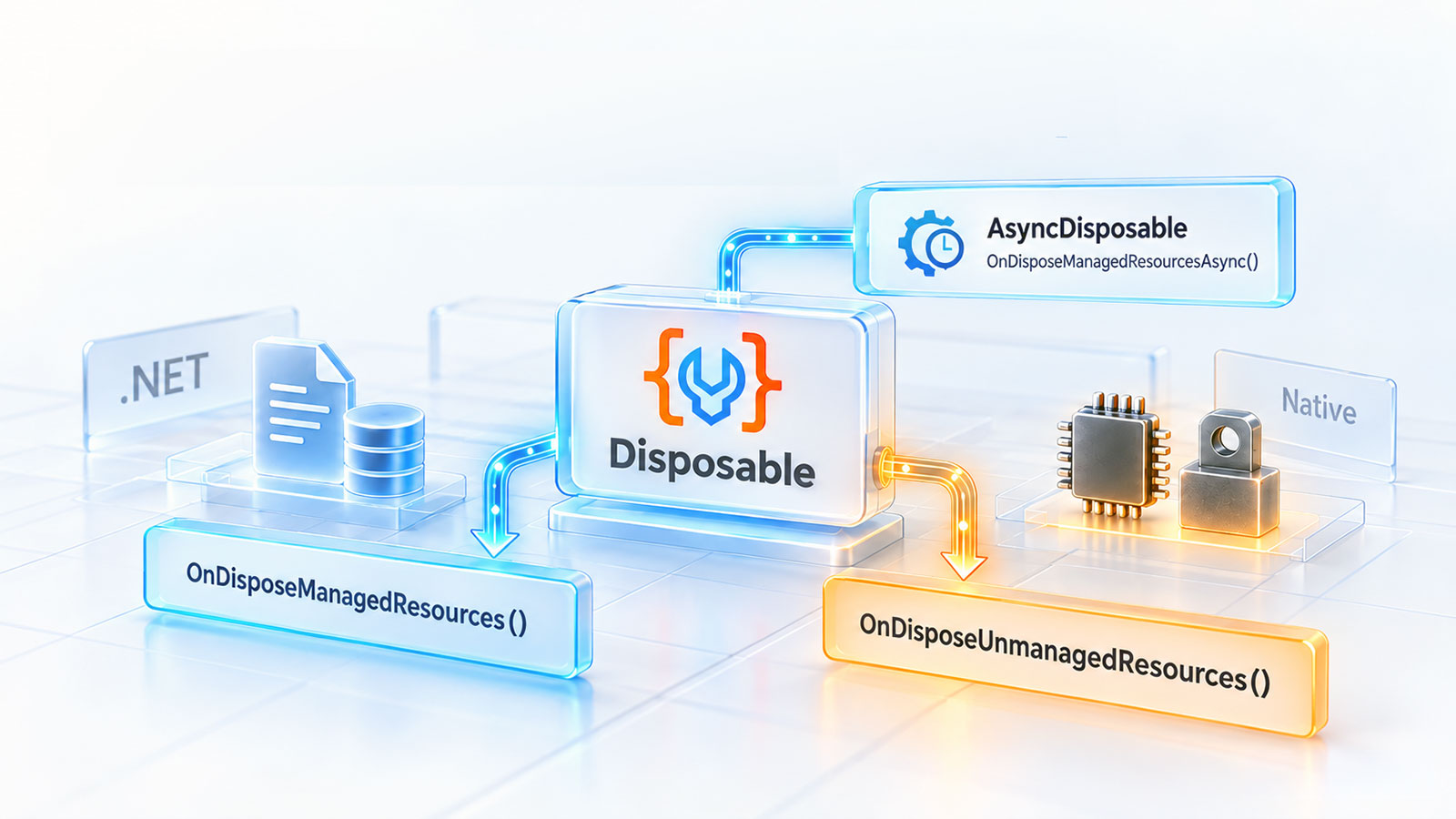 Separate managed and unmanaged resource cleanup paths controlled by one disposal lifecycle.